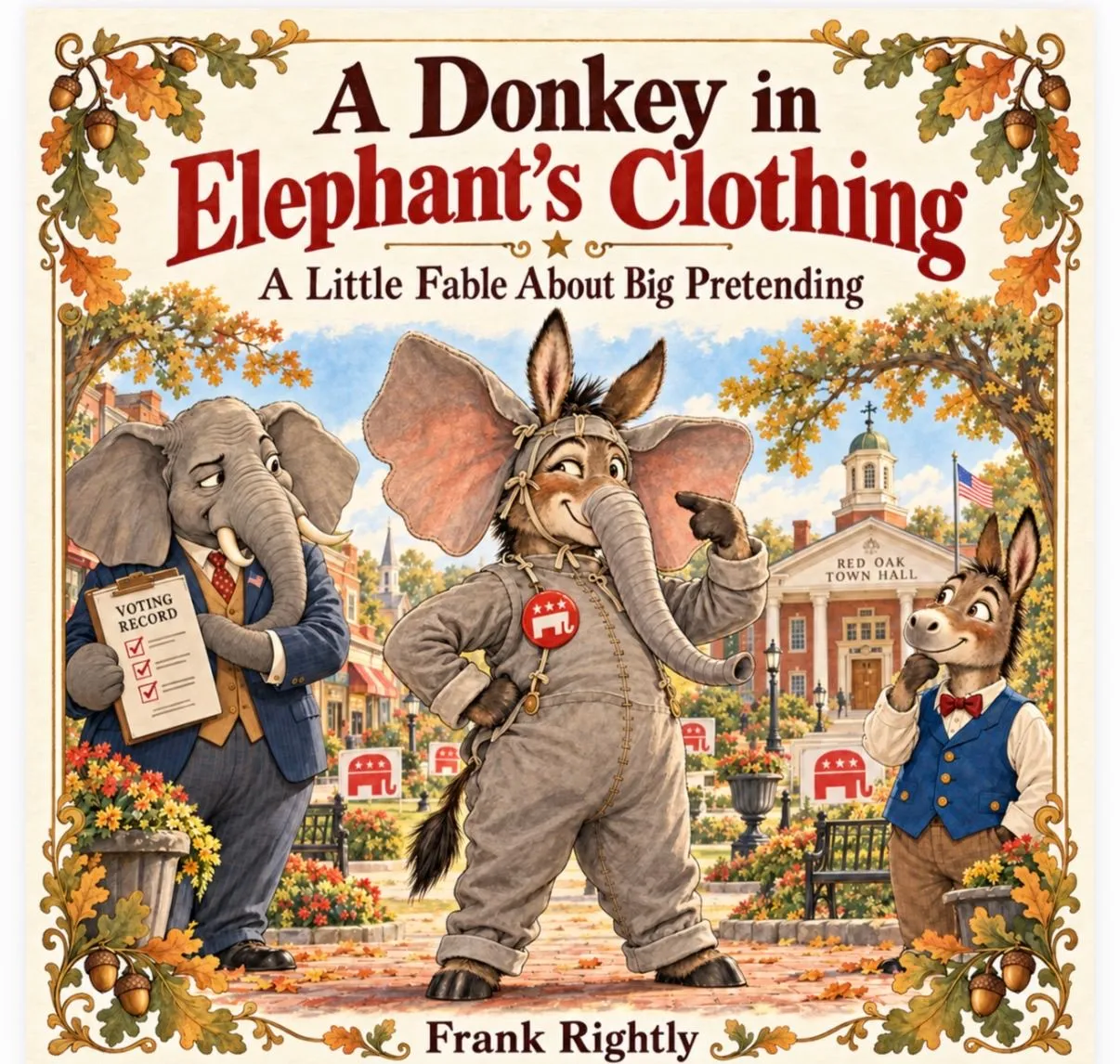 The illustrated book cover for A Donkey in Elephant’s Clothing by Frank Rightly, showing Denny in an elephant disguise in Red Oak